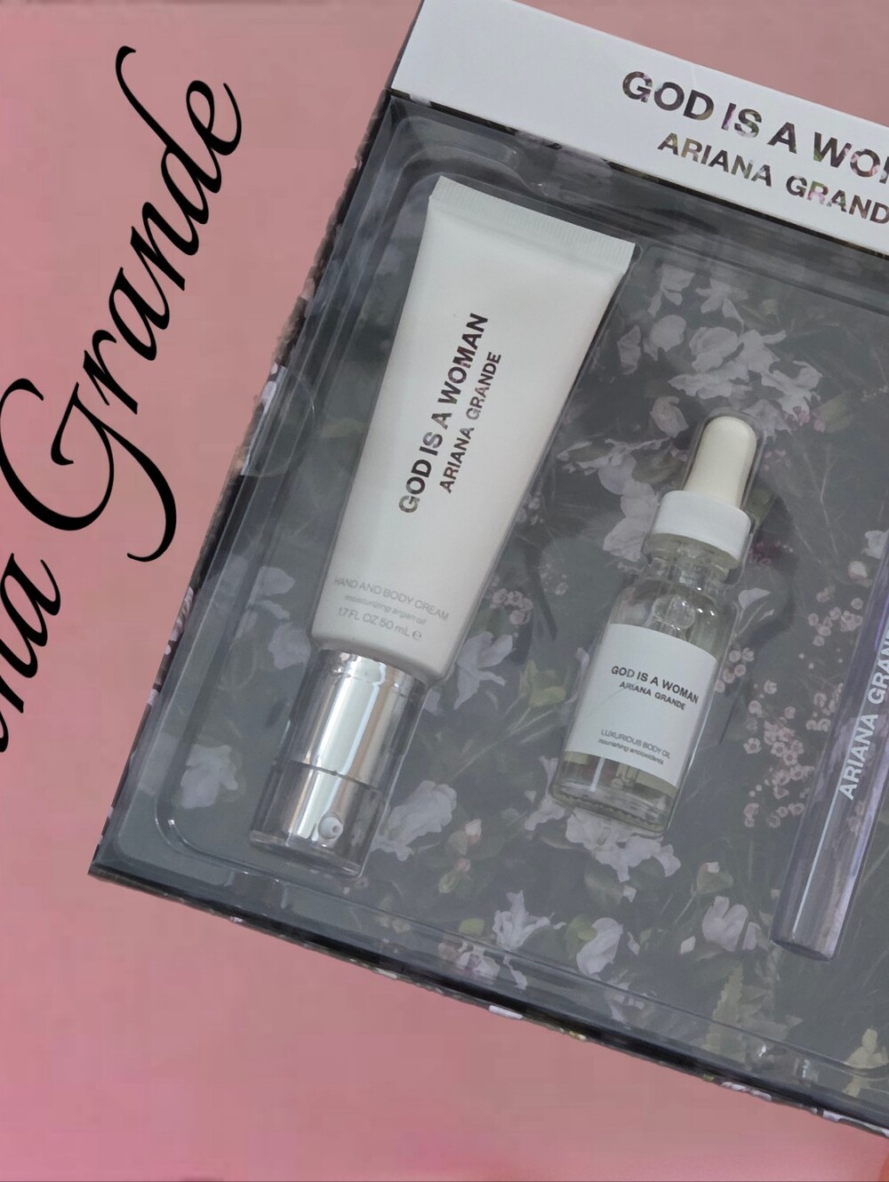 3-piece gift set by Ariana Grande titled "God Is A Woman" beauty set
